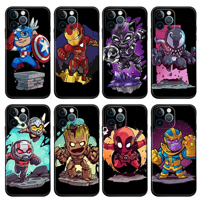 Hero Comic Avengers - Cute Chibi Iron Man Deadpool Thanos Frosted Matte TPU Phone Case with Lanyard