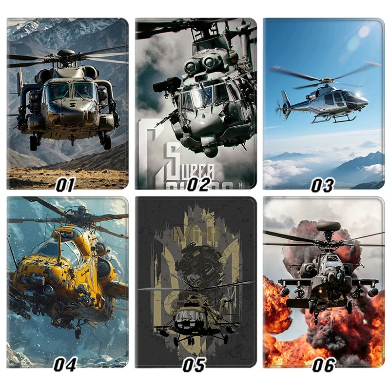 Military Helicopter Art — AH-64 Apache, UH-60 Black Hawk, Super Puma, and Air Force Combat Warplane Tablet Case