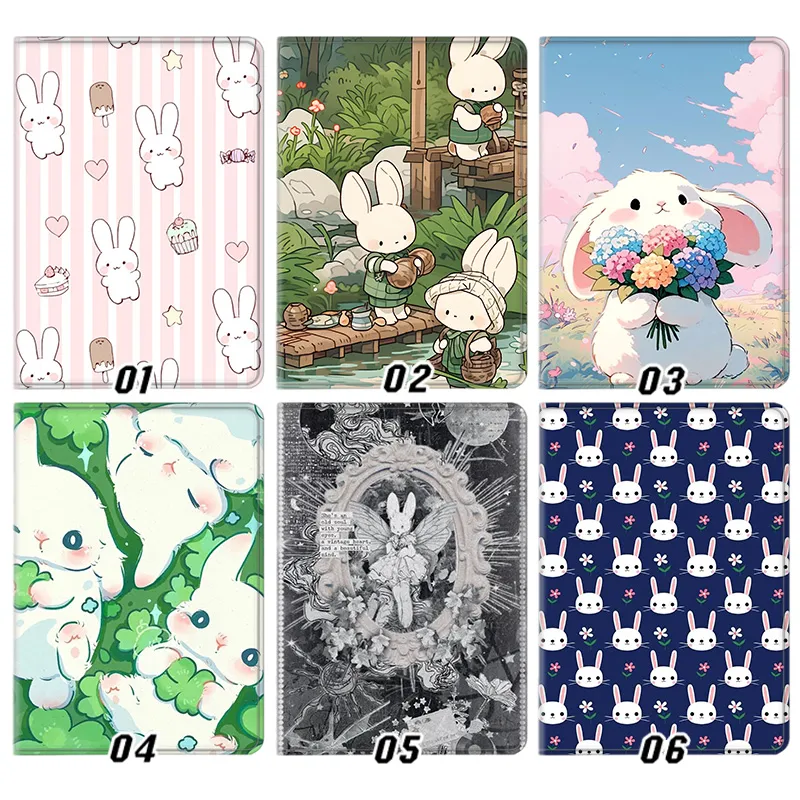Cute Cartoon Bunny Rabbit Flower Garden Pattern Tri-Fold Smart Tablet Case