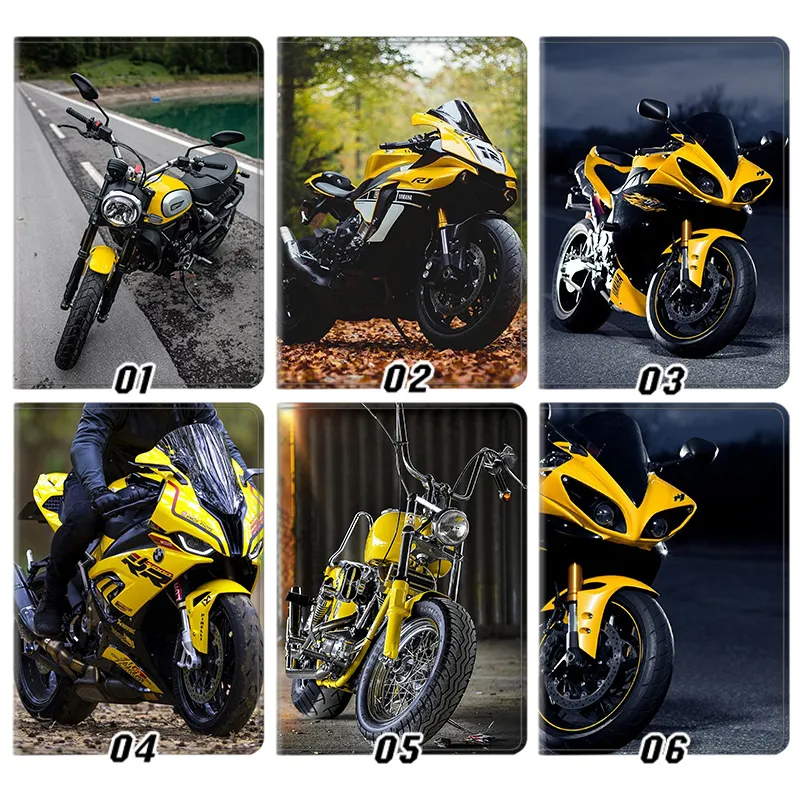 Yellow Sportbike Motorcycle Racing Graphic Silk Texture Flip Leather Tablet Case