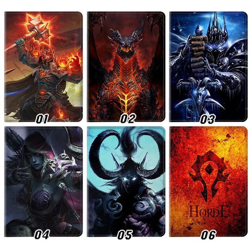World of Warcraft Illidan Lich King Sylvanas Deathwing Horde Graphic Folding Leather Tablet Case