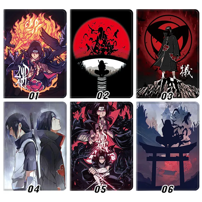 Ninja Anime — Itachi Uchiha Akatsuki Crow Mangekyou Sharingan Clan Crest Anime Graphic Tri-Fold Leather Tablet Case